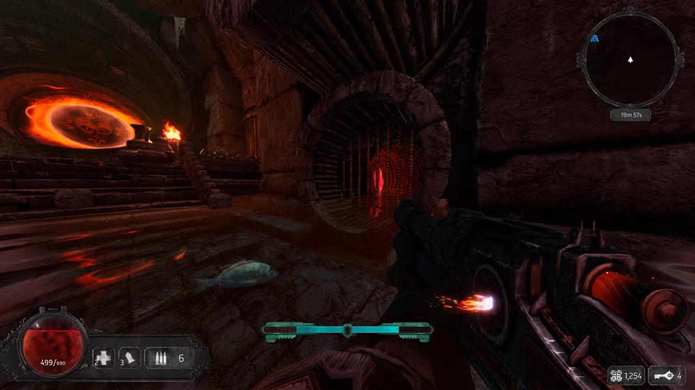 The location of the Disc Thrower weapon in Act 2, showing the locked red door and the locations of the four crystals needed to open it.