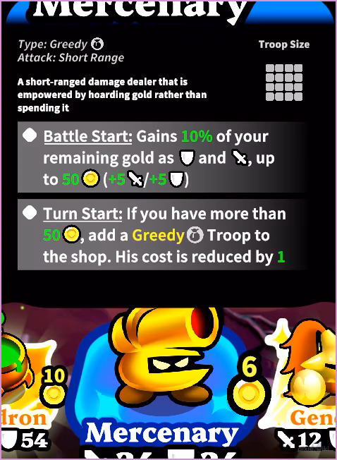 The Mercenary troop card, which scales with held gold