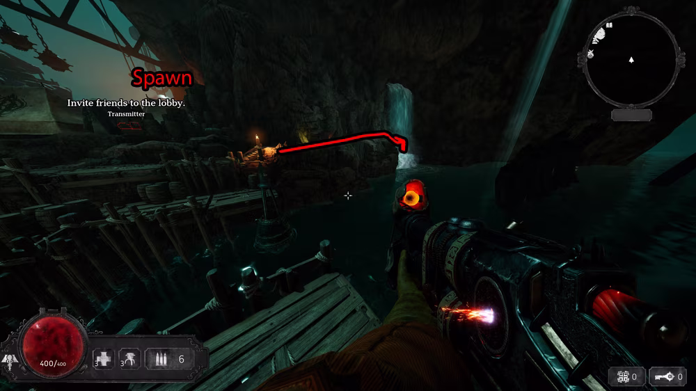 Secret room behind the waterfall along the coastal path to obtain The Aquatic Weapon